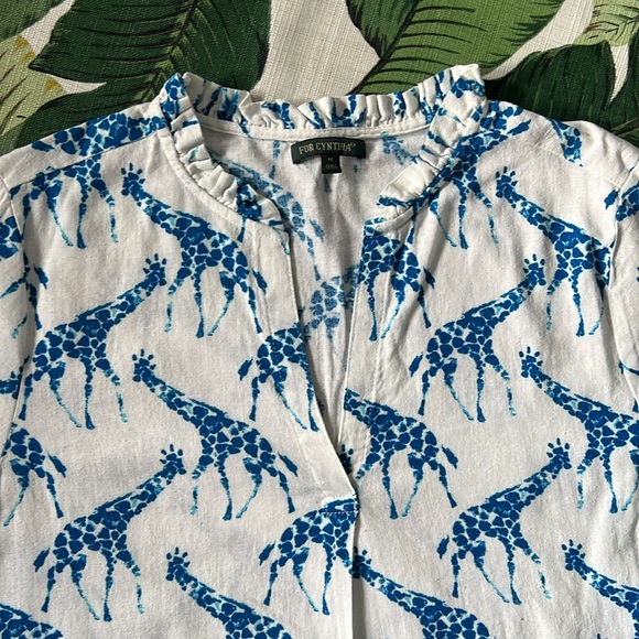 For Cynthia • Tunic w. Blue Giraffes Linen Blend 3/4 Sleeves Sz • Size Medium - Picture 4 of 8